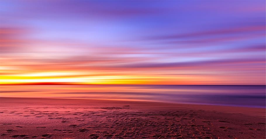 seashore at golden hour digital wallpaper, landscape, photo, purple