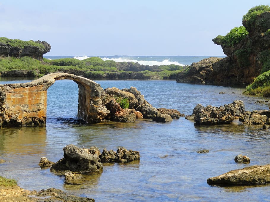 river and rocks, guam, sea, ocean, water, rocky, sky, clouds, HD wallpaper