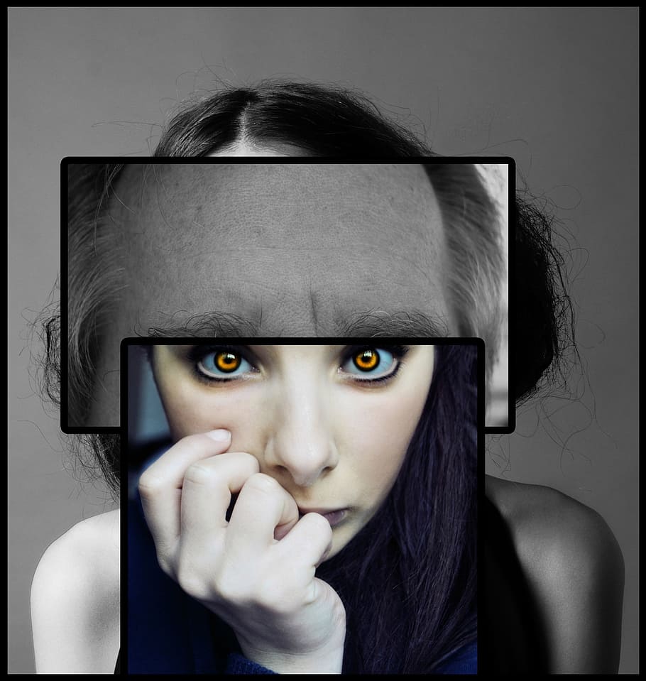 woman with orange eyes, schizophrenia, psychology, face, psyche