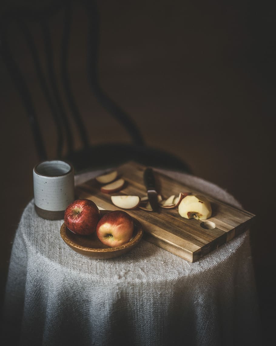 two apple on brown ceramic bowl, food, fruit, knife, chopping board HD wallpaper