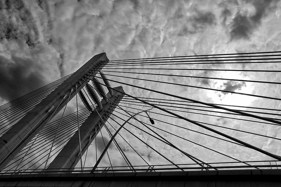 grayscale of bridge, black and white, engineering, clouds, cloud - sky HD wallpaper