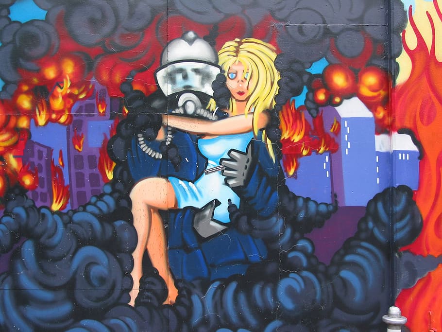 graffiti, fire, rescueing, fireman, help, pretty, blonde, wall HD wallpaper