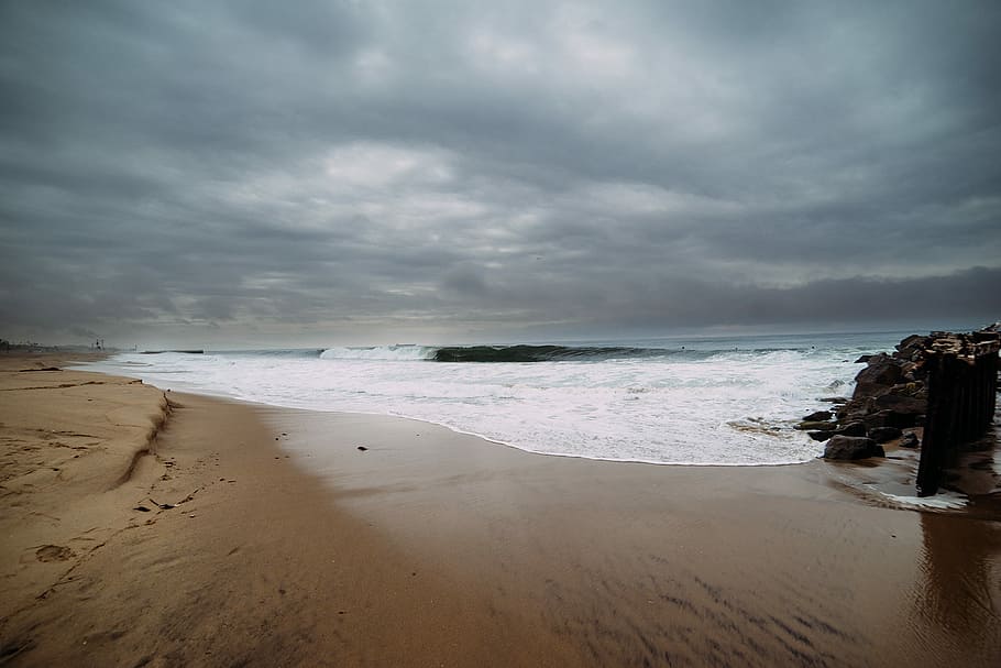 seashore photography, beach, brown, clouds, cyan, gray, rocks HD wallpaper