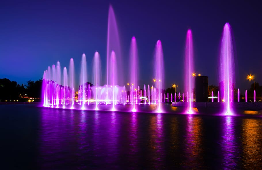 water fountain show during night time, multimedia, warsaw, light, HD wallpaper