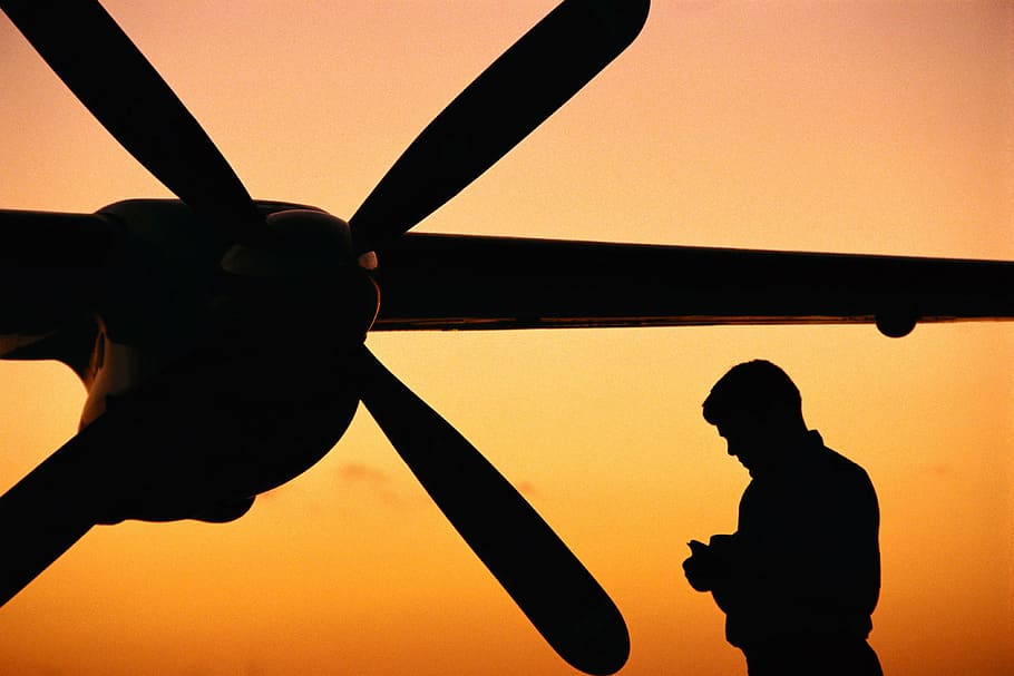 silhouette of man during sunset, helicopter, sky, screw, plane HD wallpaper