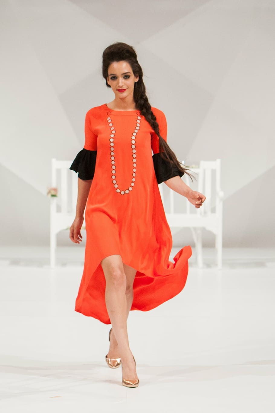 woman wearing orange and black elbow-sleeved maxi dress walking on flooor, HD wallpaper