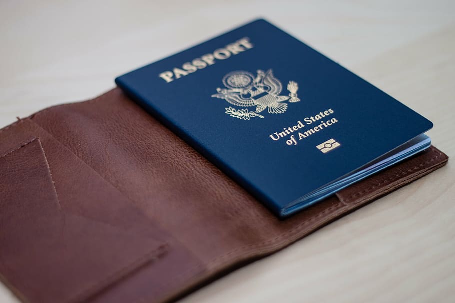 close-up photo of Passport United States of America book, brown