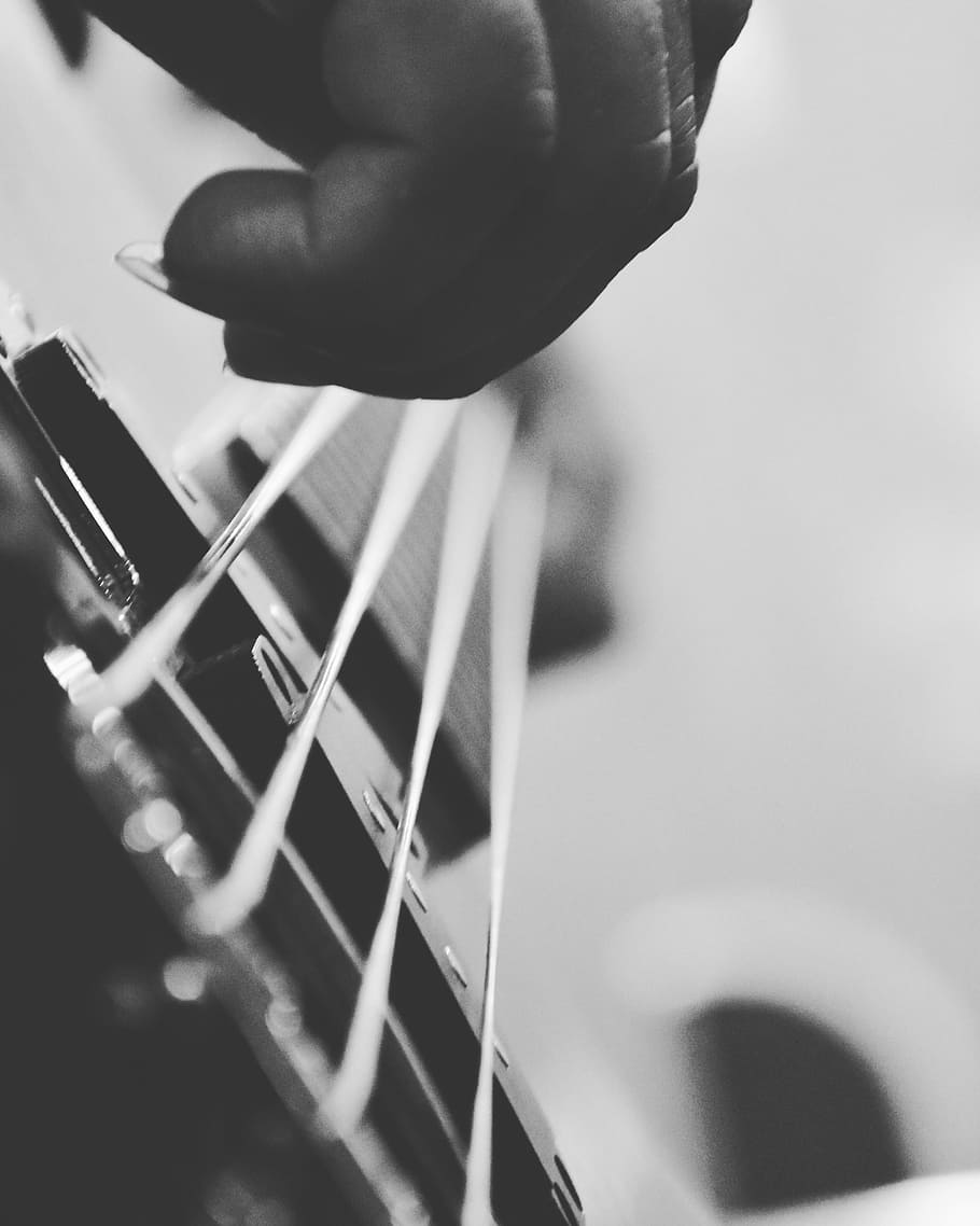 grayscale photo of person playing string instrument, Guitar, Bass