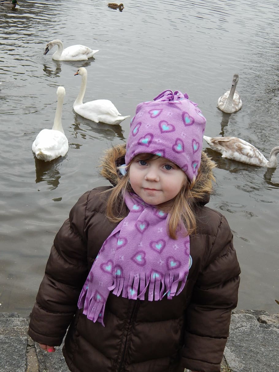 swans, child, adelka, baby girl, girls, childhood, water, one person