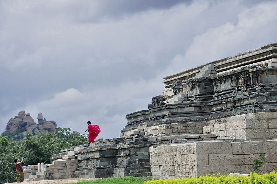 woman, hampi, wind, india, architecture, sky, cloud - sky, day, HD wallpaper