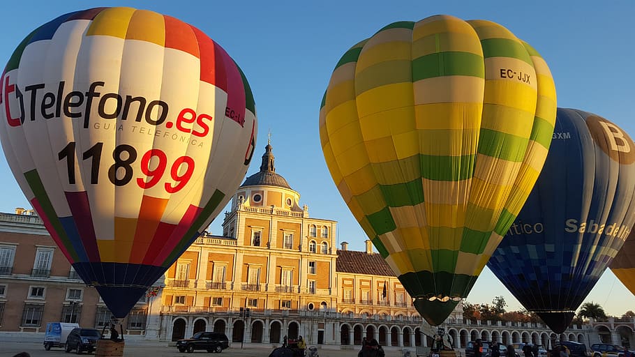 hot air balloon, balloons, aranjuez, madrid, aranjuez royal palace