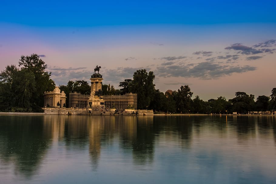 Sunset, Retiro Park, Madrid, Water, Pond, lake, highlights, HD wallpaper