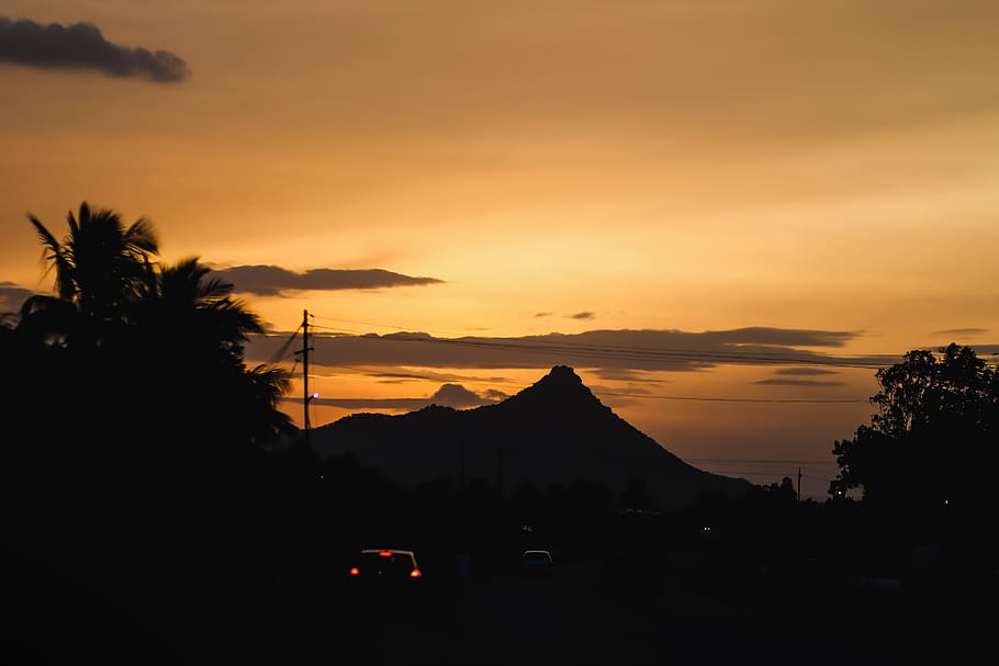 silhouette, mountain, hill, sunset, sky, orange color, beauty in nature HD wallpaper
