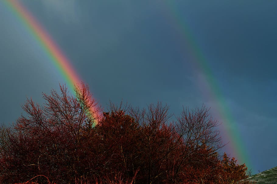 rainbow, double rainbow, sky, nature, night, blue, outdoors HD wallpaper