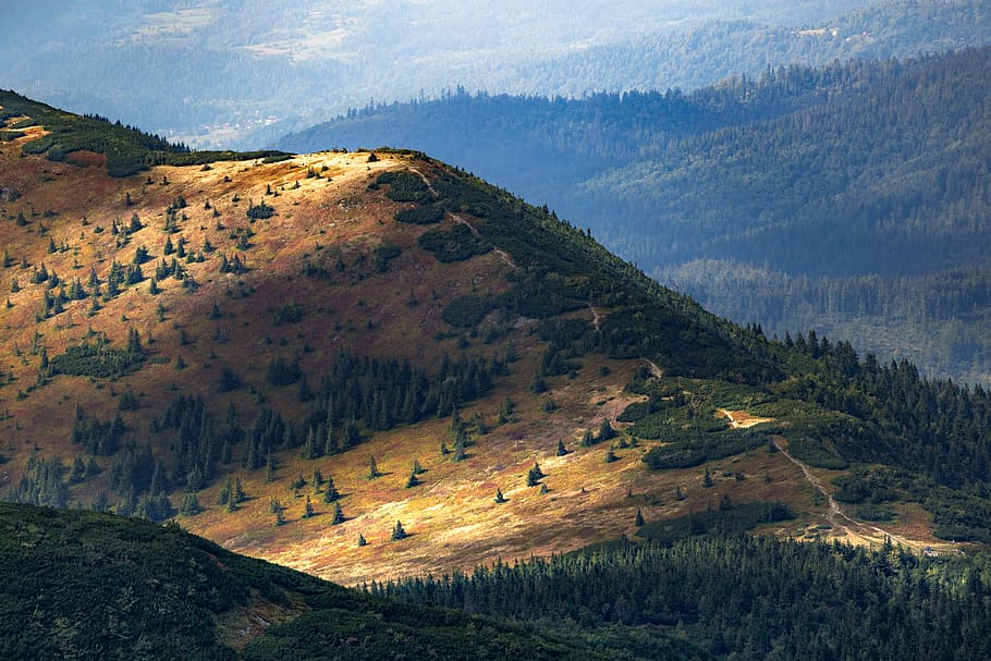 landscape photo of mountains, brown and green mountain in landscape photography HD wallpaper
