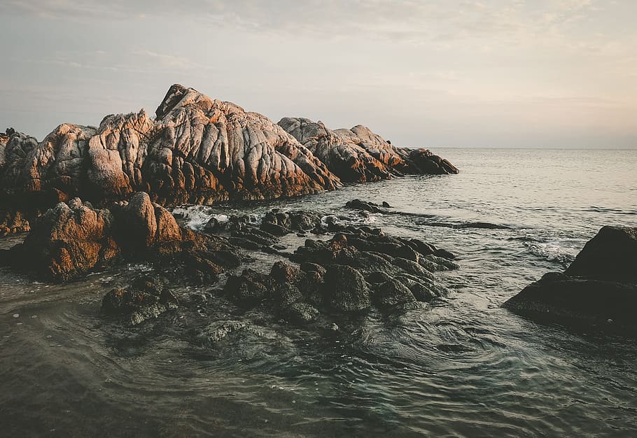 sea, ocean, water, waves, nature, rocks, hill, cliff, landscape HD wallpaper