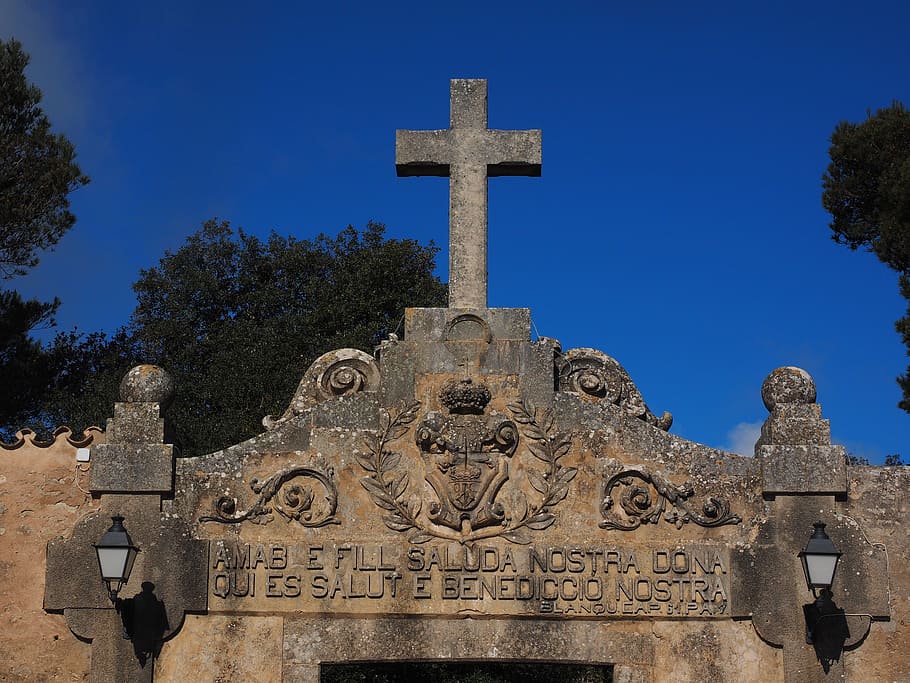 monastery cura, cross, input, algaida, courtyard, hof, building, HD wallpaper