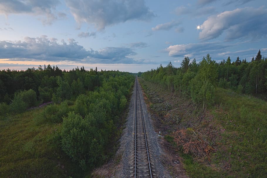 train rail track path, railroad tracks beside green trees, forest, HD wallpaper