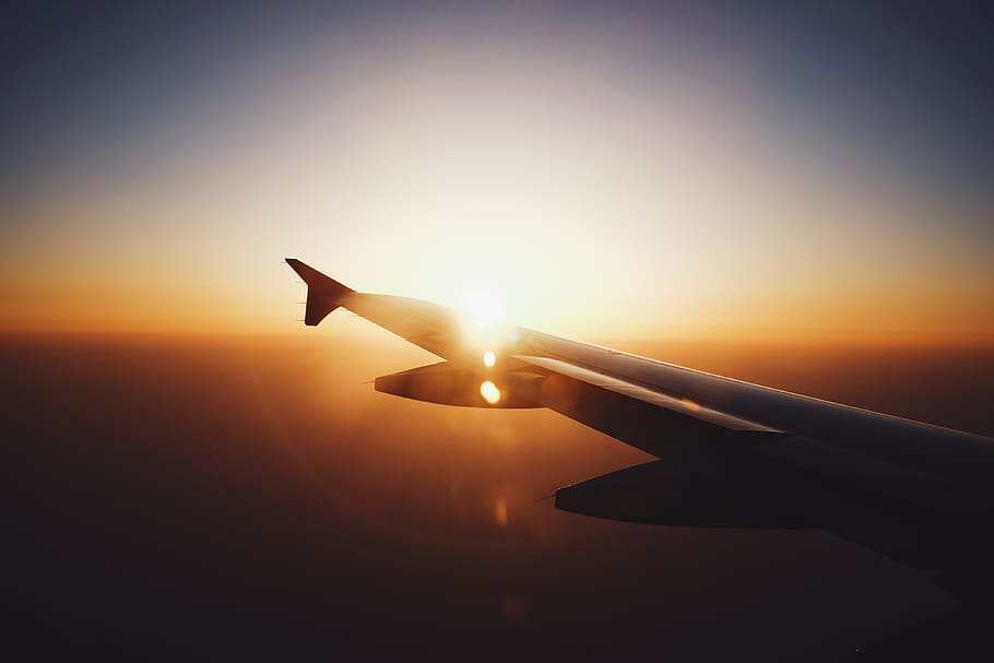 person's view inside plane, white plane flying in the sky, Sunset, HD wallpaper