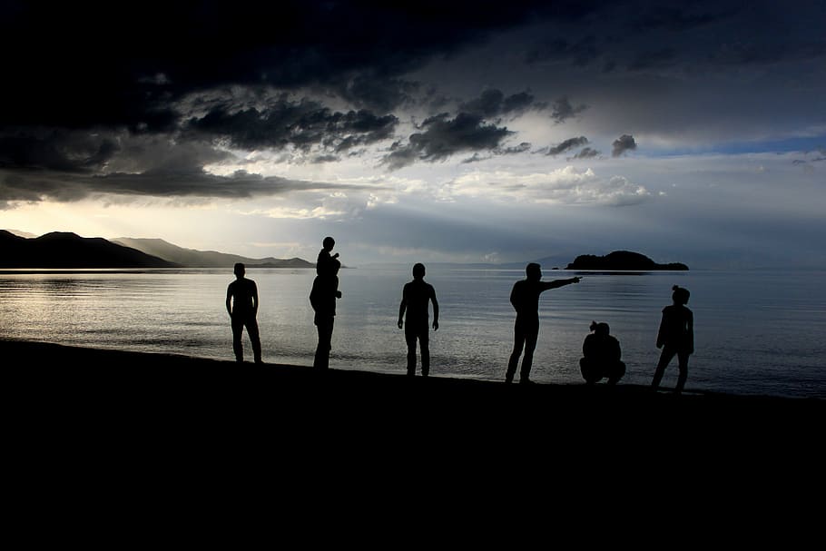silhouette, human, reverse light, lake, beach, clouds, turkey HD wallpaper