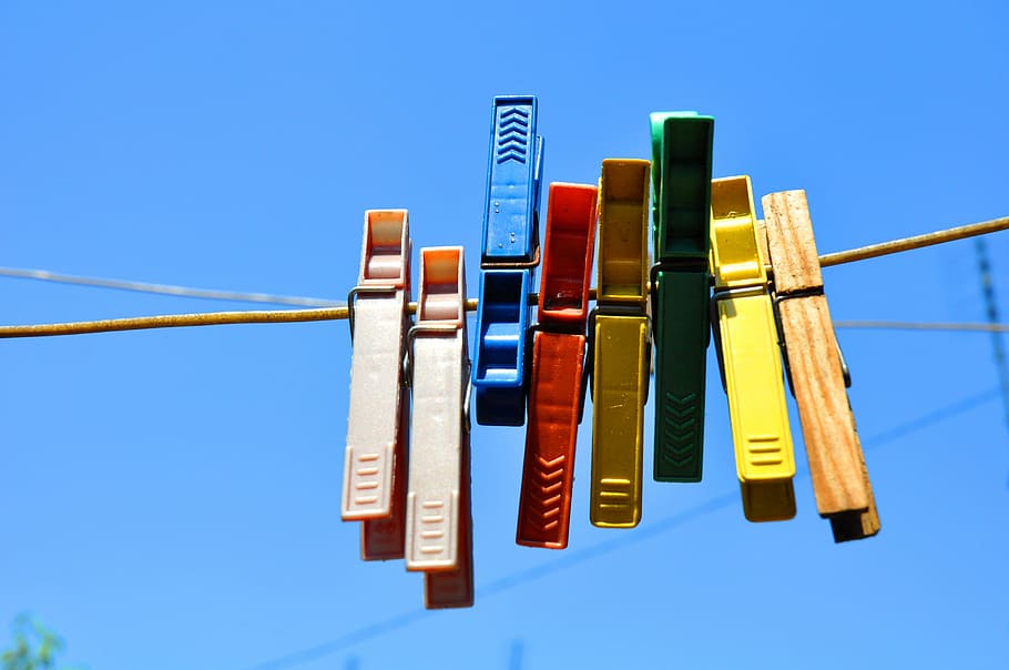 Buckles, Cleaning, Wash, Drying, string, clip, blue, clear sky HD wallpaper