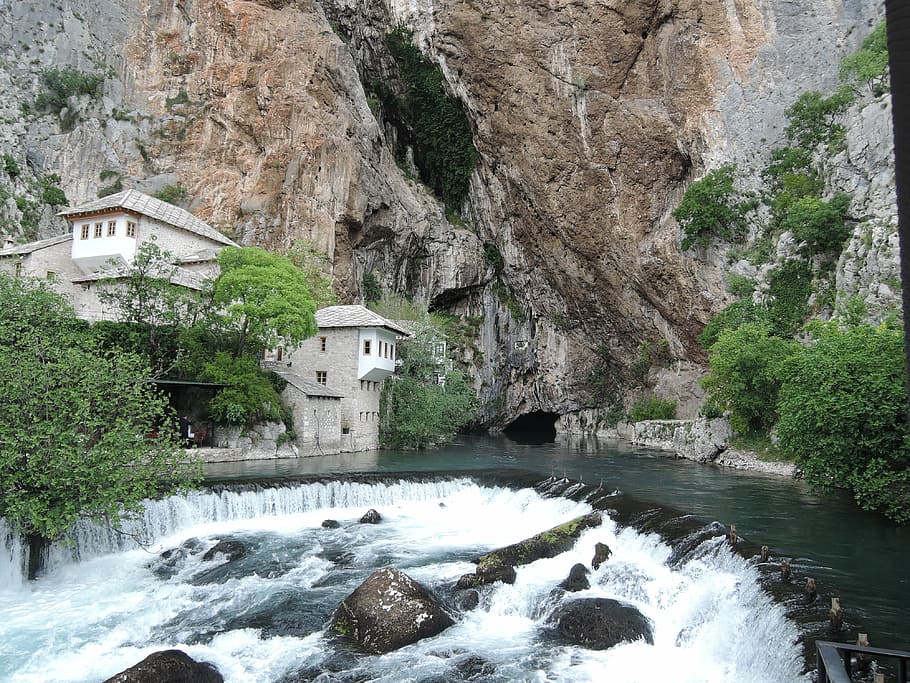 waterfall, house, river, landscape, nature, travel, mountain HD wallpaper