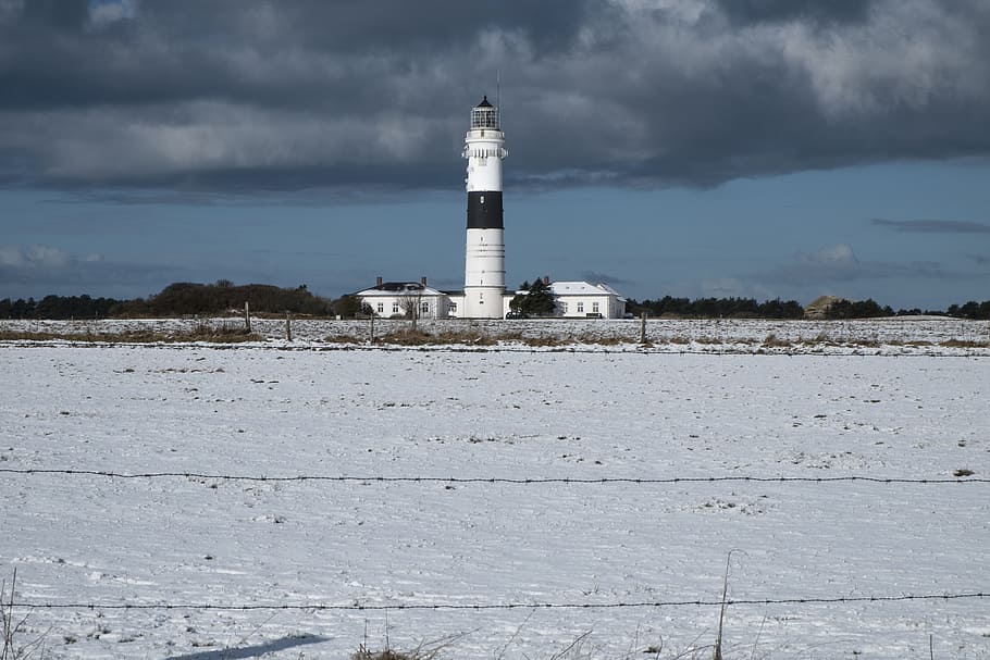 Lighthouse, Sylt, Kampen, Clouds, Snow, winter, sun, direction HD wallpaper