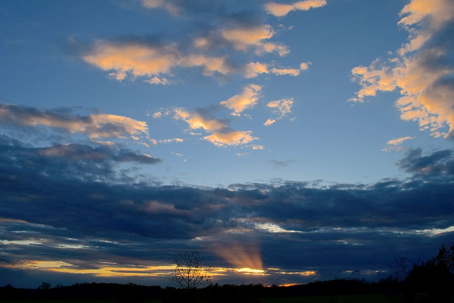 sunset, clouds, sky, light, dramatic, blue, nature, cloudscape HD wallpaper