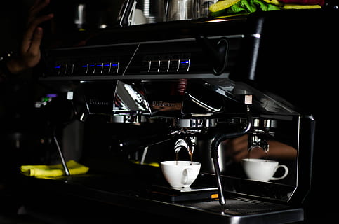 coffee cup on espresso maker, black coffeemaker, machine, cafe HD wallpaper