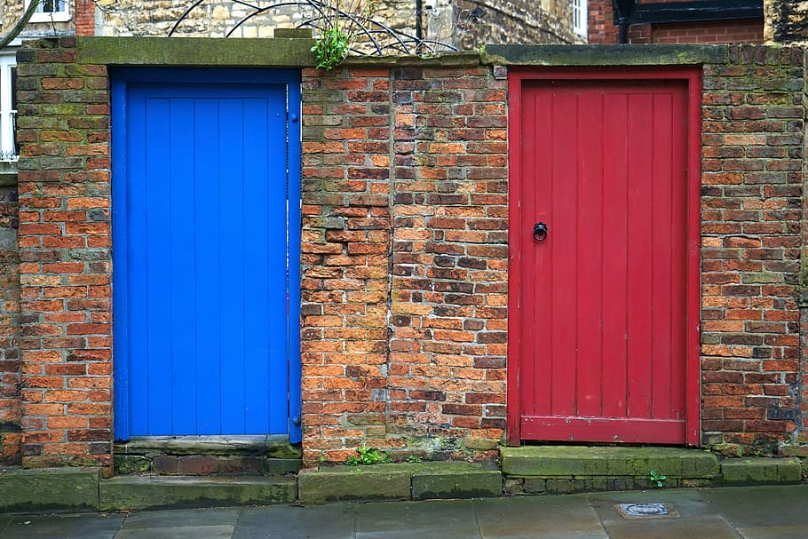 blue and red wooden doors, entrance, home, house, wall, doorway