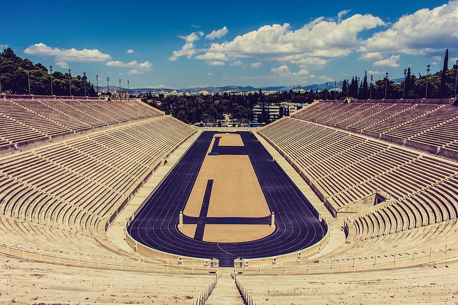 black and gray stadium, greece, athens, architecture, sky, cloud - sky HD wallpaper