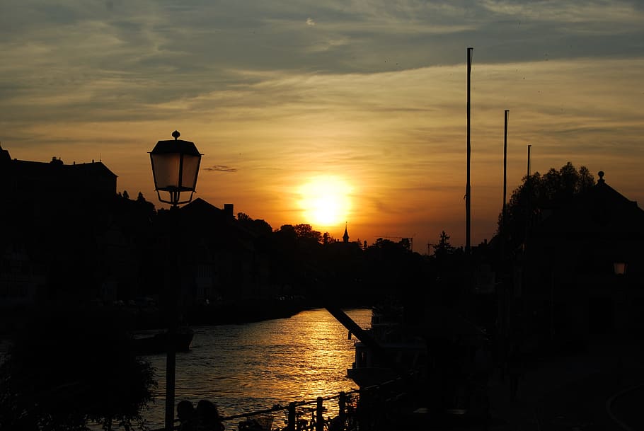 bamberg, river, sunset, evening, loading crane, sky, water HD wallpaper
