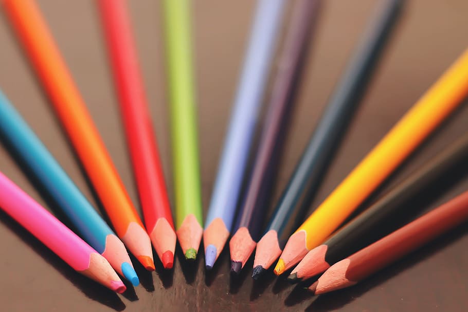 Coloured pencils on tabletop, various, art, designer, education HD wallpaper
