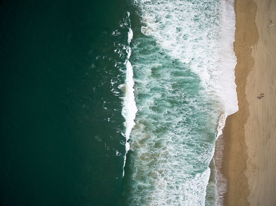 aerial photo of beach seashore, green sea water near seashore HD wallpaper