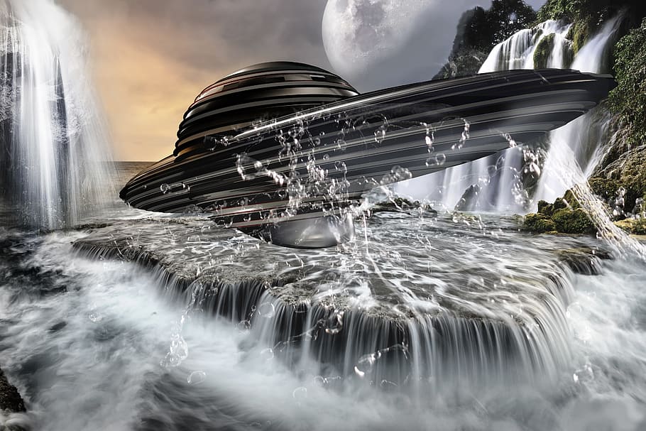 gray spacecraft on waterfalls, future, forward, science fiction, HD wallpaper