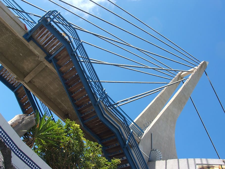 building, bridge, structure, design, sky, blue sky, plants HD wallpaper