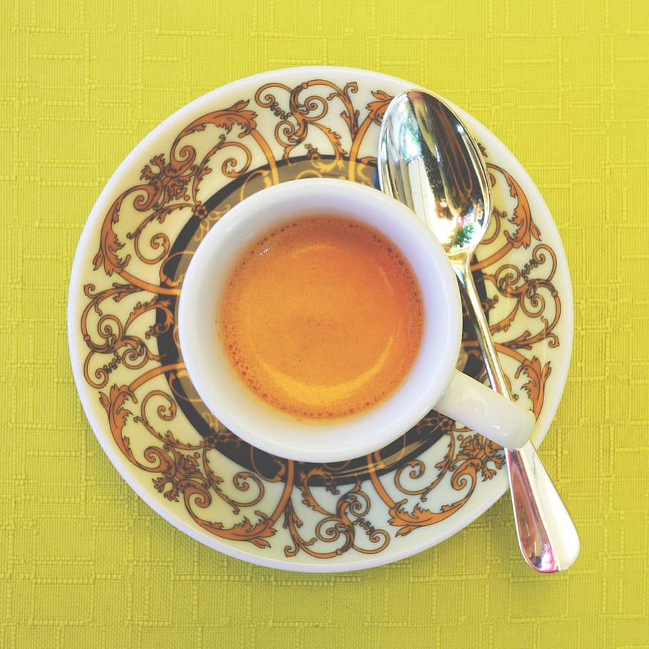closeup photography of drink filled teacup on saucer, espresso, HD wallpaper