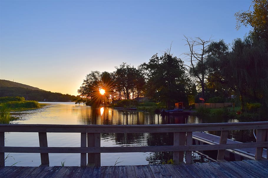 sunrise, dock, water, trees, sky, travel, lake, landscape, pier HD wallpaper