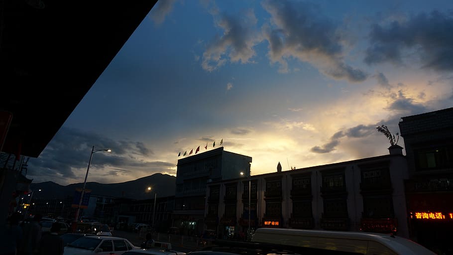 tibet, silhouette, sunset, architecture, mode of transportation HD wallpaper