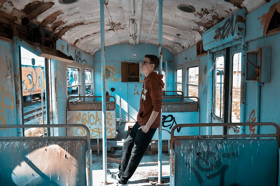 young, guy, train, abandoned, ruin, old, one person, real people HD wallpaper