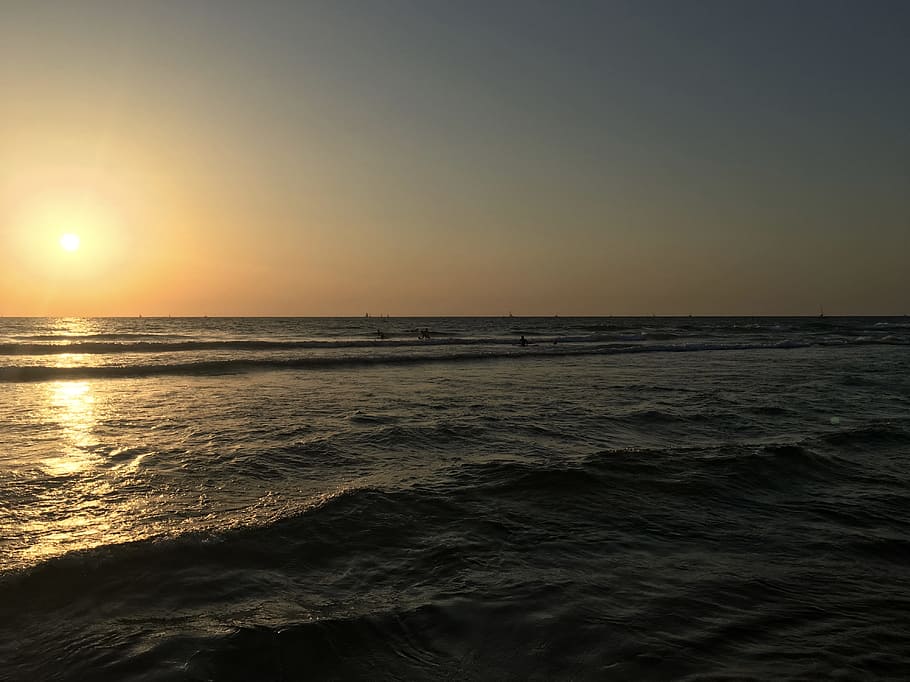sunset, beach, israel, summer, sea, ocean, coast, evening, dusk HD wallpaper
