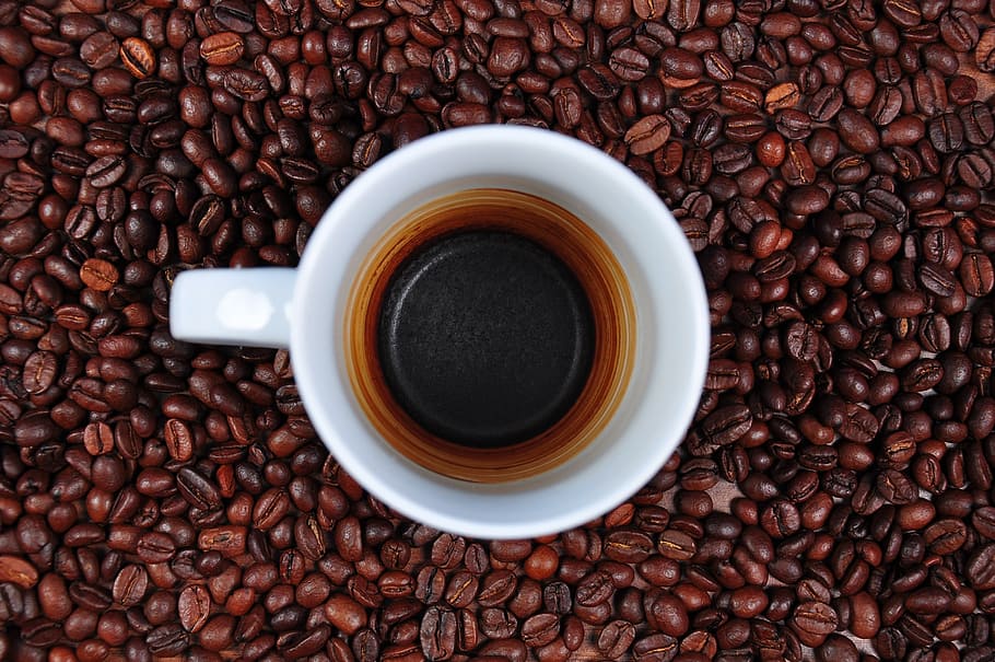 white ceramic mug with black coffee, empty cup, coffee beans HD wallpaper