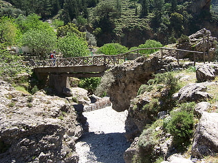 crete, bridge, samaria gorge, tree, plant, connection, nature HD wallpaper