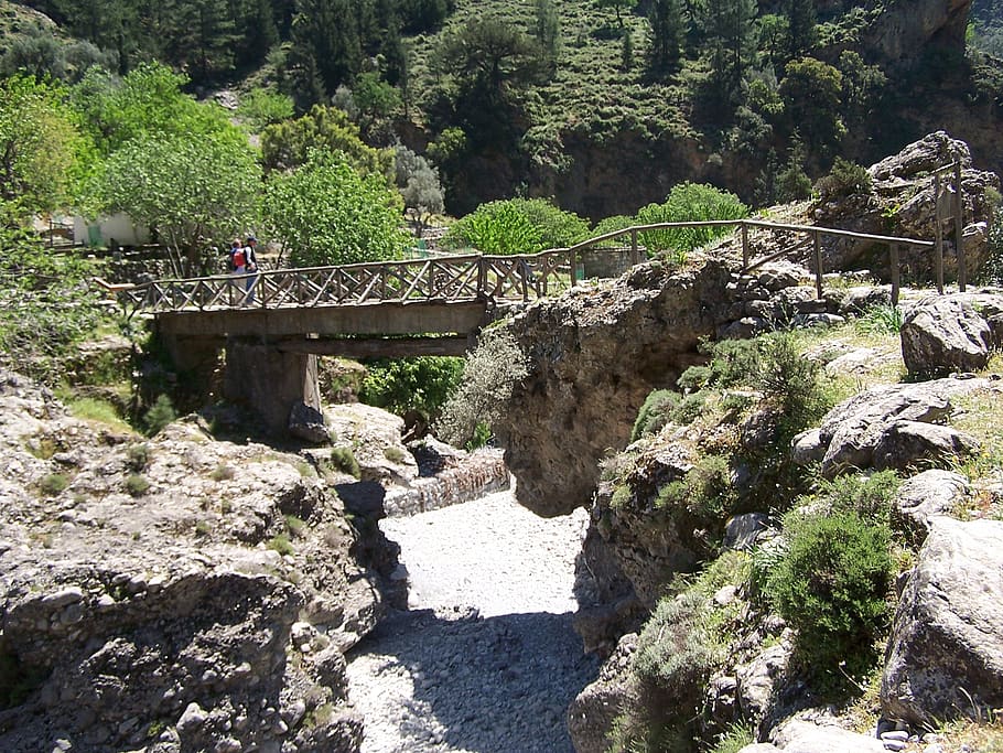 crete, bridge, samaria gorge, tree, plant, connection, nature HD wallpaper