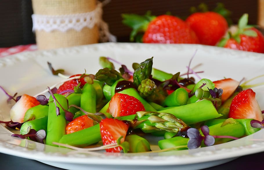 fruit salad on white ceramic plate, asparagus, green, green asparagus