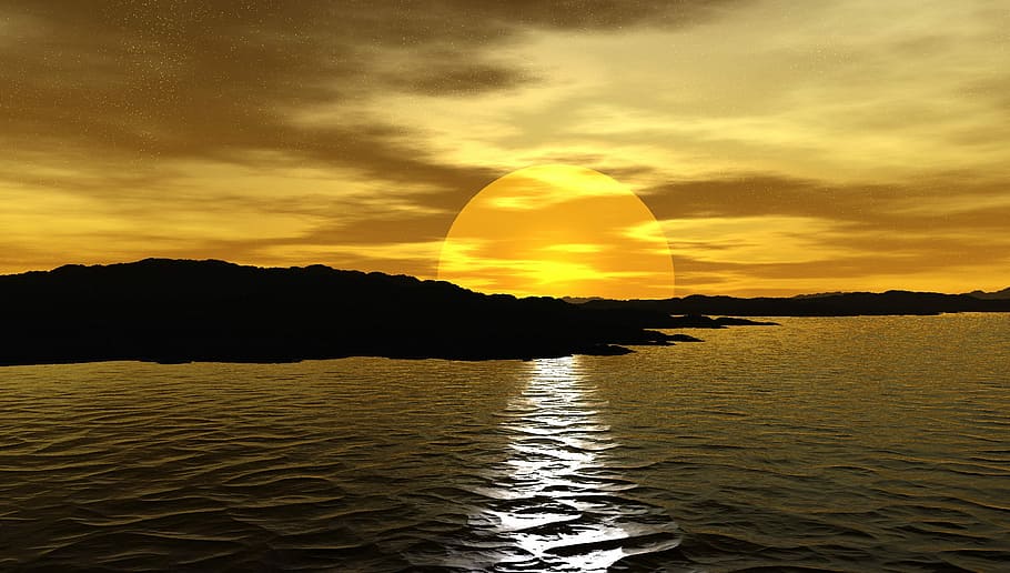 body of water, sunset, dawn, dusk, nature, reflection, big HD wallpaper