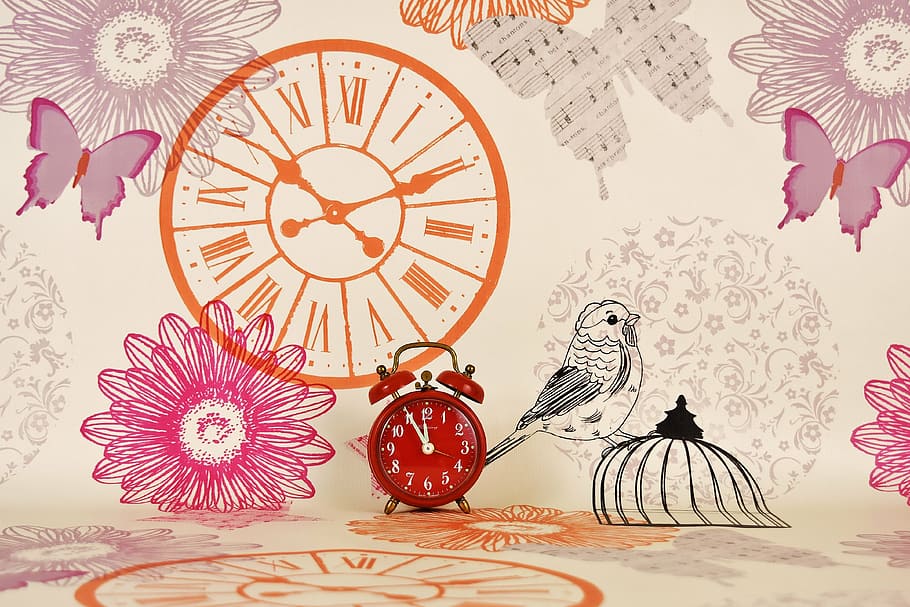 red desk bell alarm clock near flower, butterfly and clock graphic wallpaper
