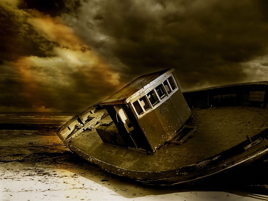 sepia photography of boat, wreck, boot, stranded, coast, sea HD wallpaper