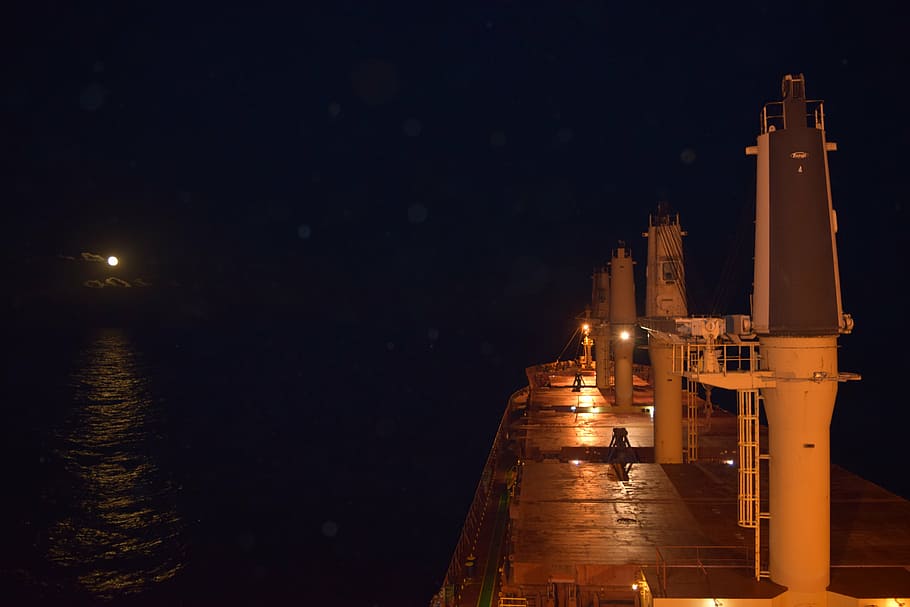 ship, ocean, moon, water, nautical, transportation, vessel HD wallpaper