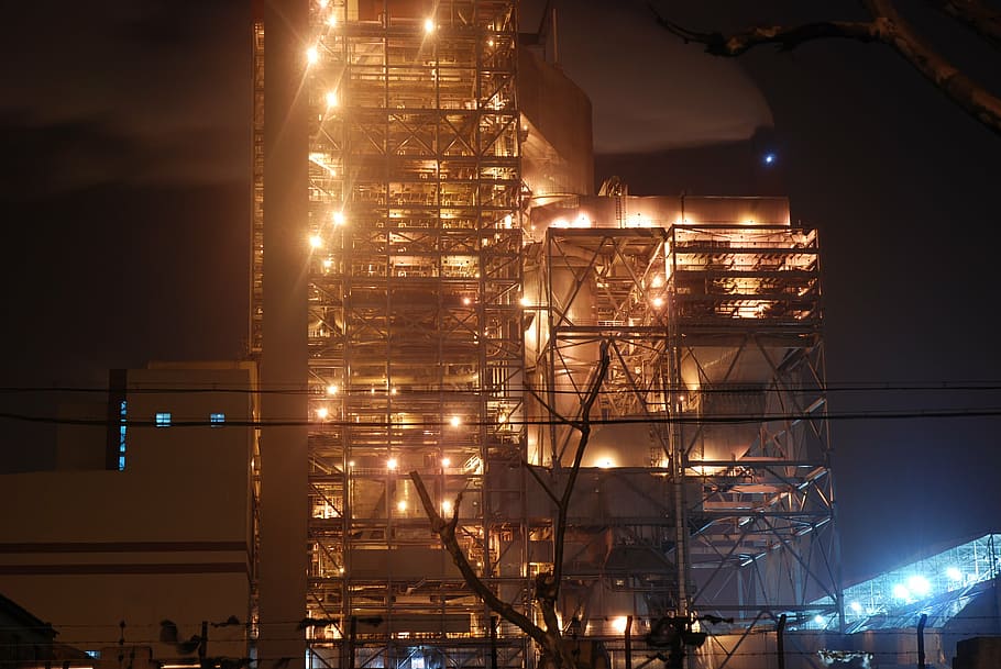 factory, light, brightly lit, industrial, night, industry, fuel and Power Generation HD wallpaper